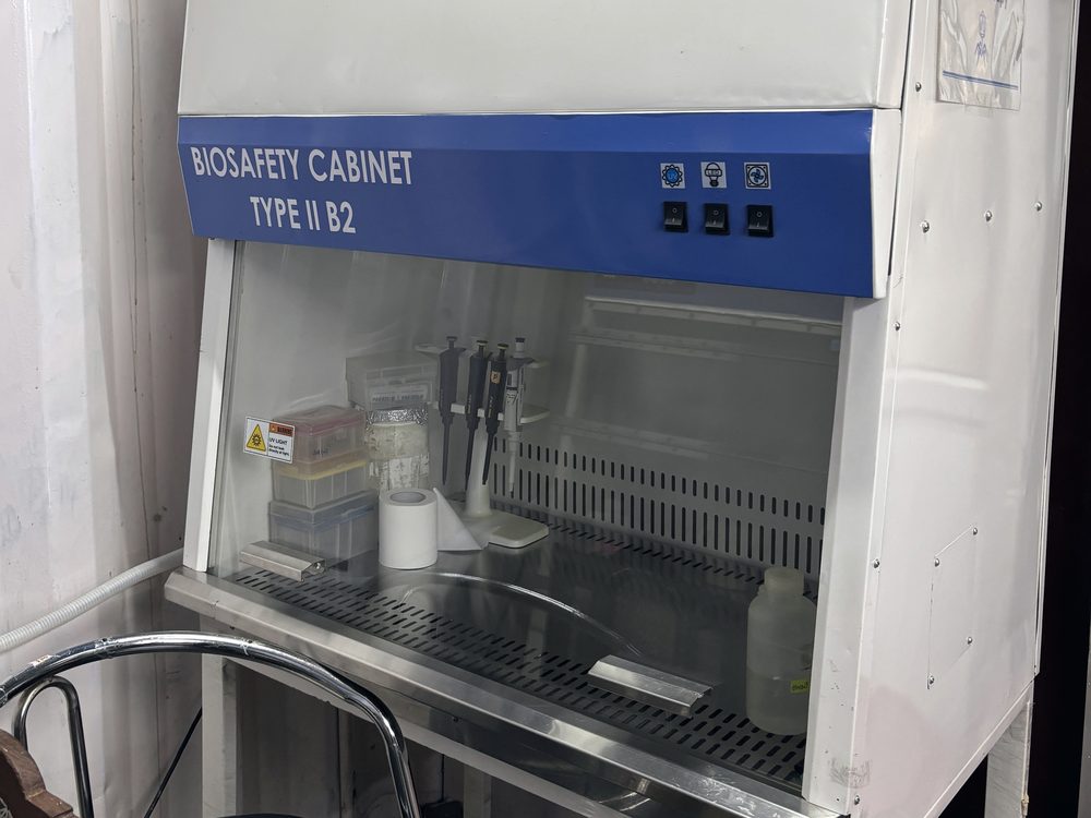 An open biosafety cabinet with pipettes and consumables inside.